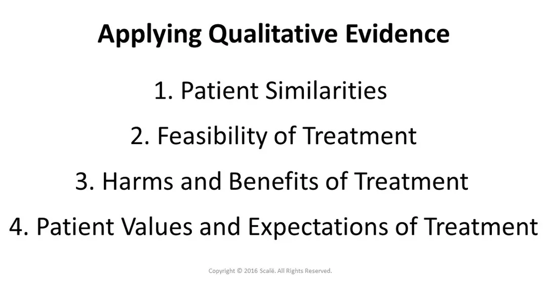 There are four considerations taken when applying qualitative evidence: Patient similarities, feasibility of treatment, harms and benefits of treatment, and patient values and expectations.