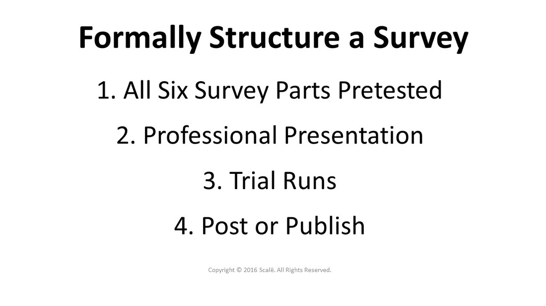 Formally structure a survey after it is pretested. Make it look professional and try several trial runs. Then, post or publish it for administration.