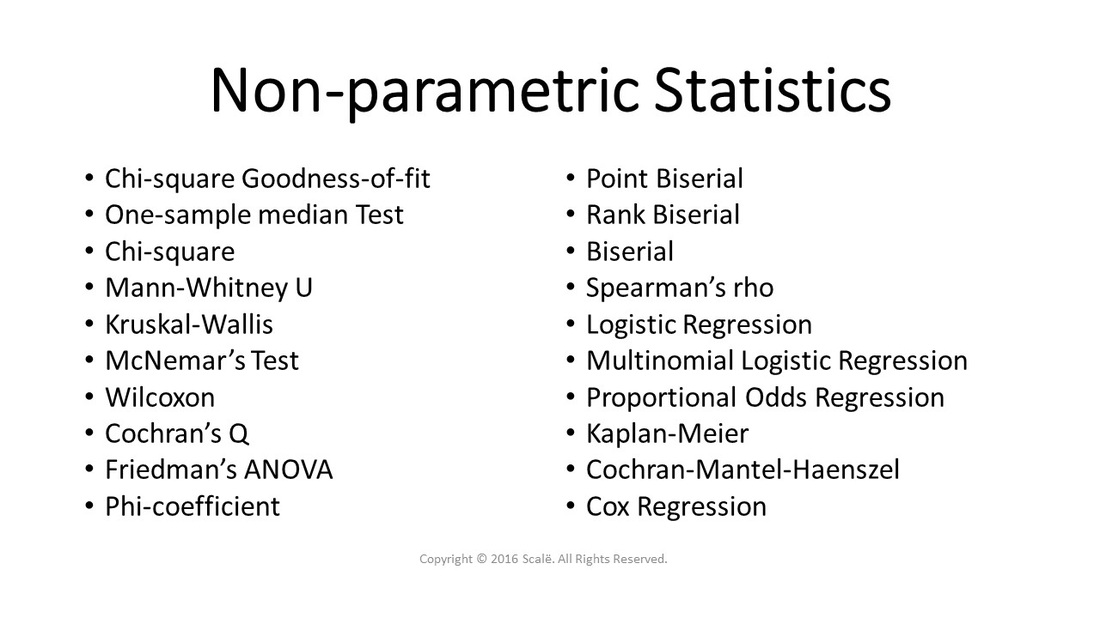 There are many different kinds of non-parametric statistics: Chi-square Goodness-of-fit, one-sample median test, chi-square, Mann-Whitney U, Kruskal-Wallis, McNemar's test, Wilcoxon, Cochran's Q, Friedman's ANOVA, phi-coefficient, point biserial, rank biserial, biserial, Spearman's rho, logistic regression, multinomial logistic regression, proportional odds regression, Kaplan-Meier, Cochran-Mantel-Haenszel, and Cox regression.