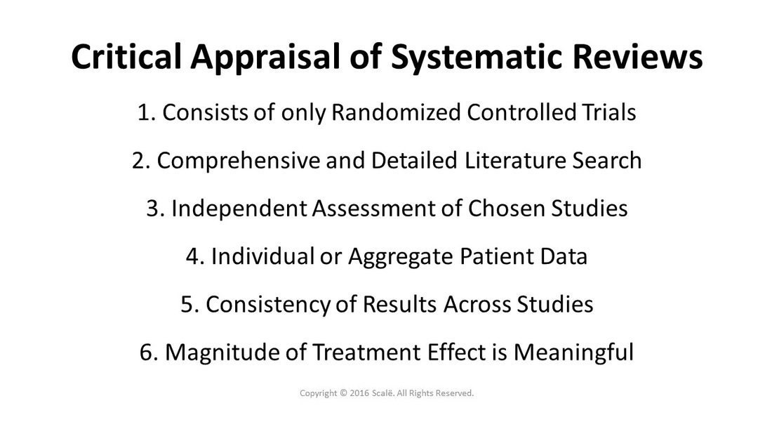There are six criteria used to appraise systematic reviews: Consists of only randomized controlled trials, comprehensive and detailed literature search, independent assessment of studies, level of observation in data, consistency of results across studies, and magnitude of the treatment effect.