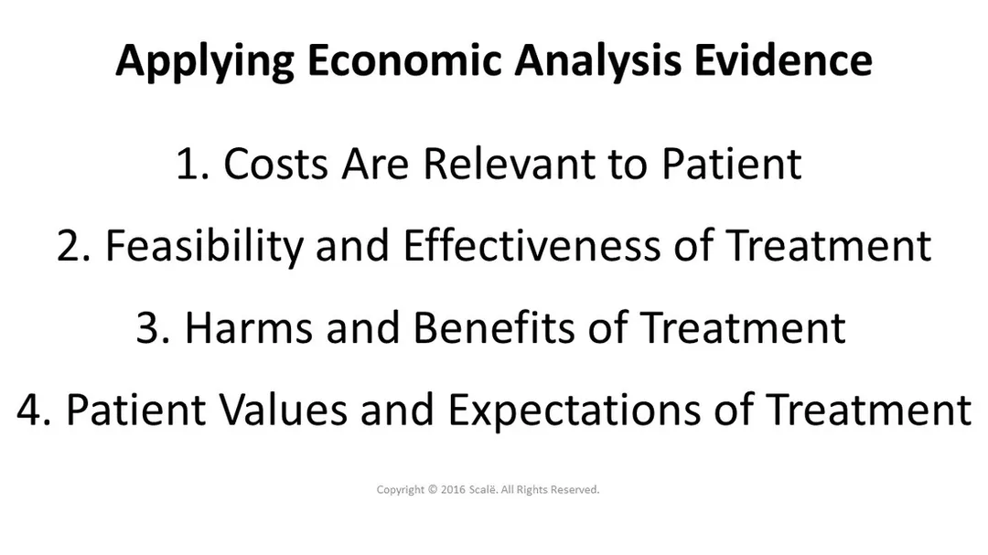 There are four considerations taken when applying economic analysis evidence: The costs are relevant to the patient, the feasibility and effectiveness of treatment, the harms and benefits of treatment, and patient values and expectations.