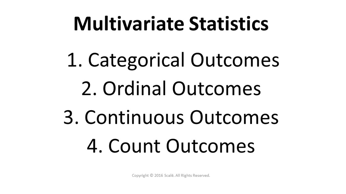 Multivariate statistics are chosen based on the type of outcome being used: Categorical outcomes, ordinal outcomes, continuous outcomes, and count outcomes.