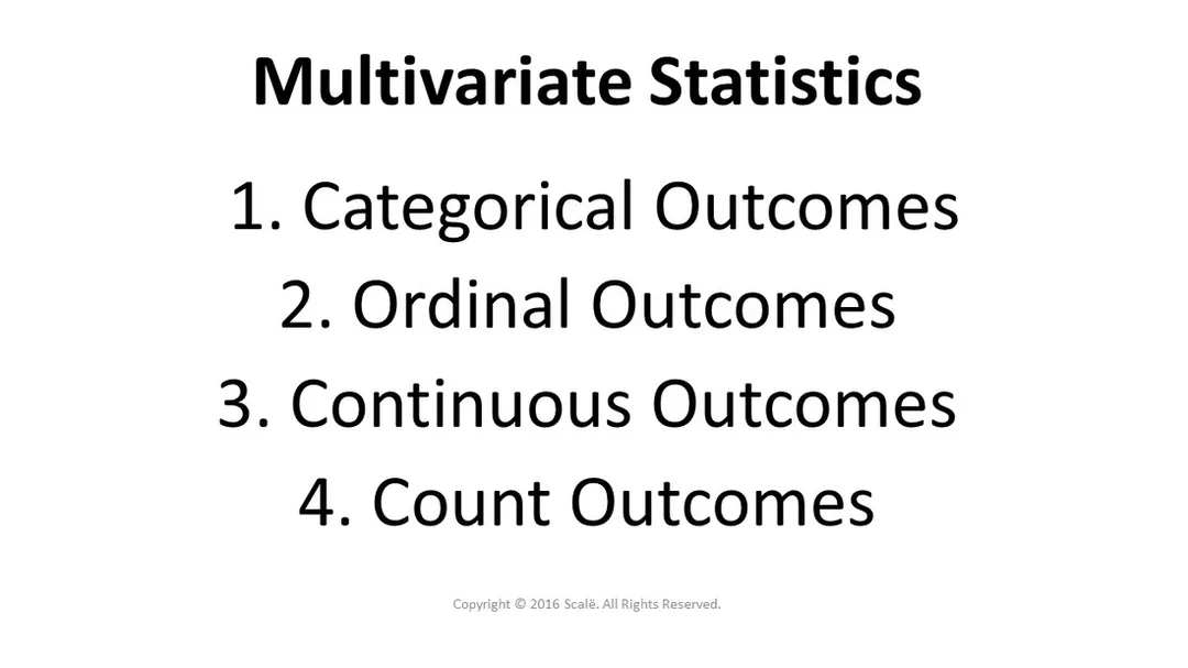Multivariate statistics are chosen based on the type of outcome being used: Categorical outcomes, ordinal outcomes, continuous outcomes, and count outcomes.