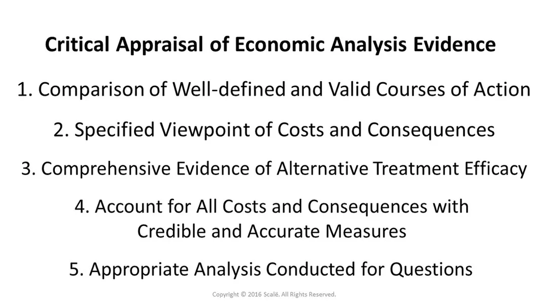 There are five considerations when appraising economic analysis evidence: Comparison of courses of action, specified viewpoint of costs and consequences, evidence of alternative treatment efficacy, accounting for all costs and consequences with valid measures, and appropriate analysis for the question asked.