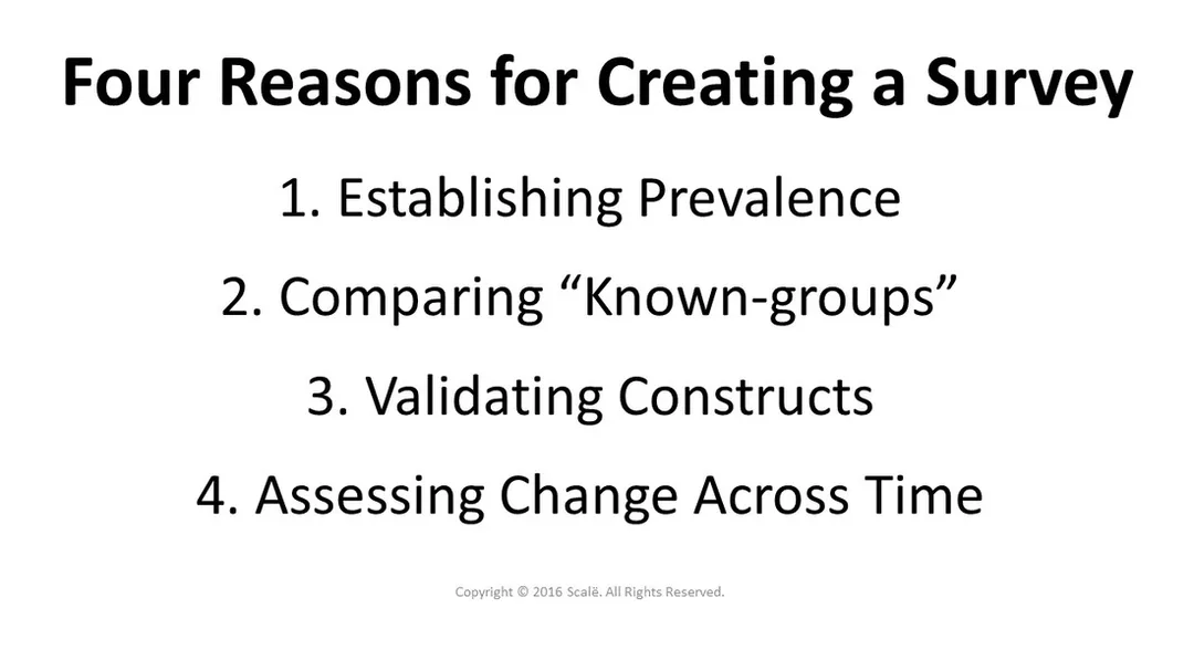 There are four reasons for creating a survey: Establishing prevalence, comparing known groups in a population, validating constructs, and assessing change across time.
