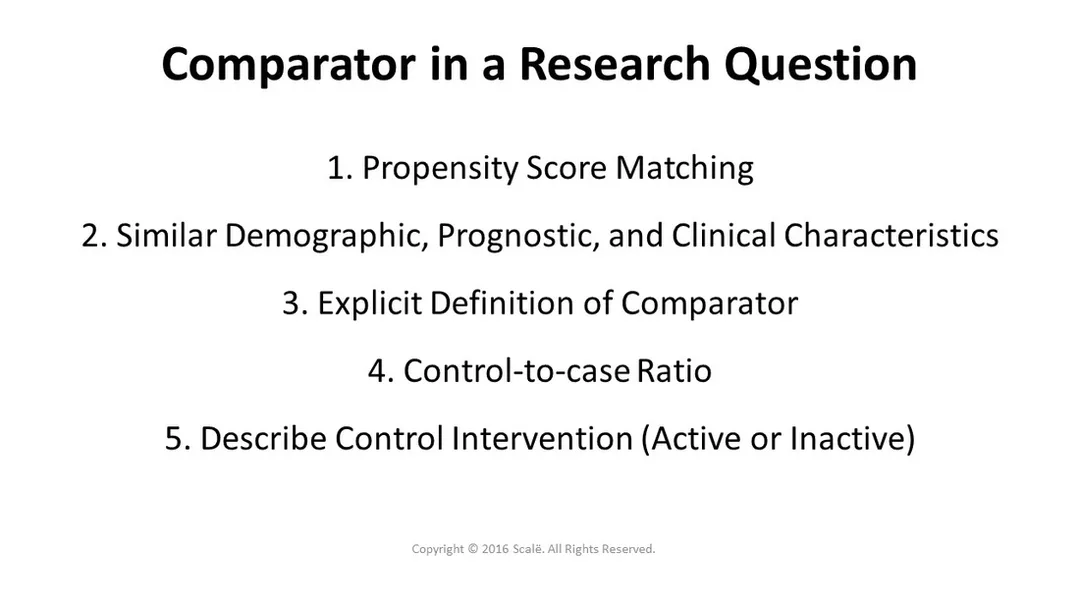 When writing a research question, the comparator should have an explicit definition in terms of being active or inactive. Propensity score matching should be used if possible and participants should have similar demographic, prognostic, and clinical characteristics. A control-to-case ratio of 2:1, 3:1, or 4:1 can be used to increase statistical power.